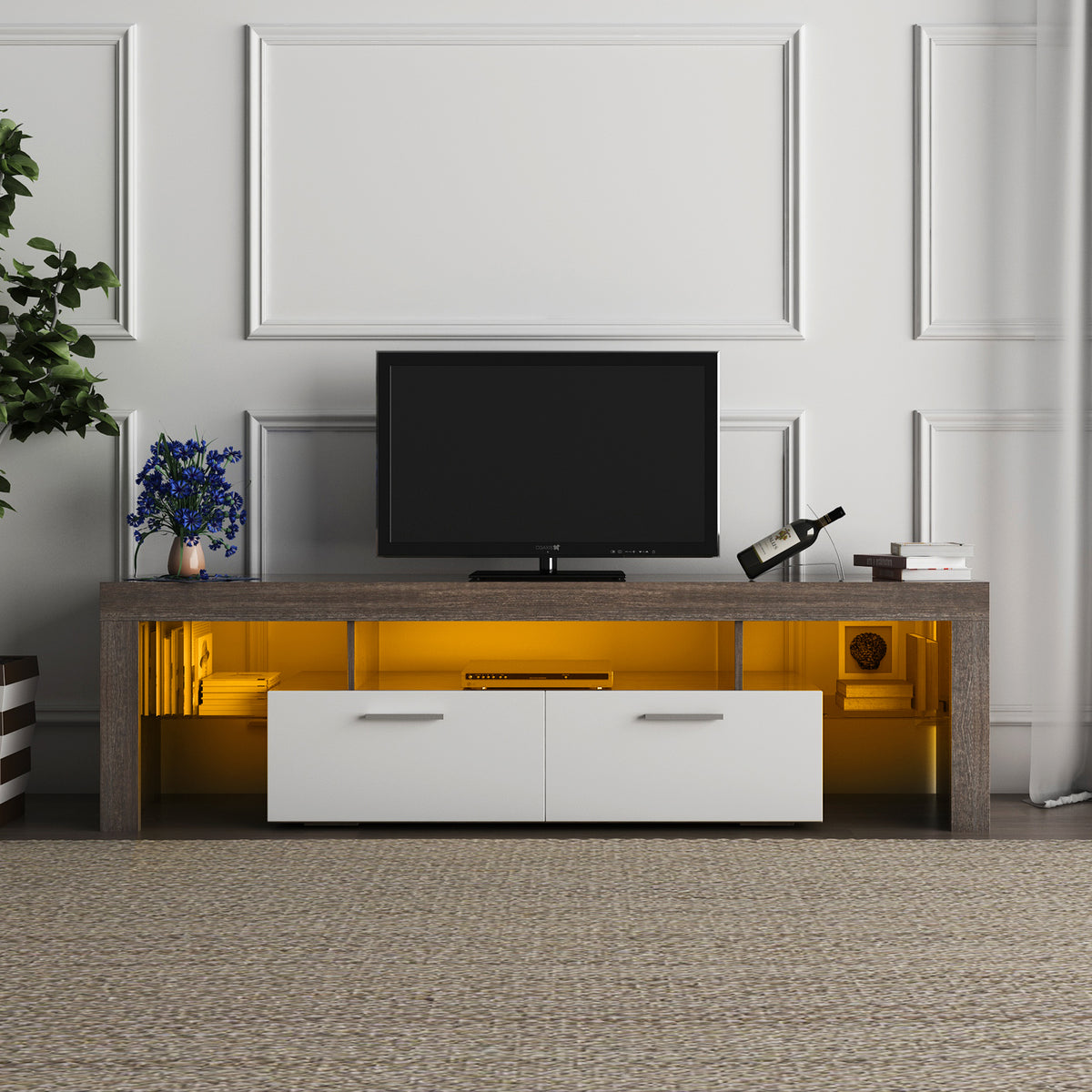 Modern TV Console with Glass Shelf – Quick Assembly