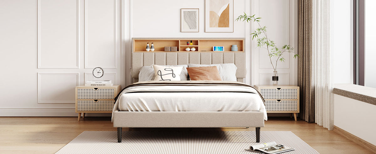 Queen Linen Platform Bed with Storage Beige