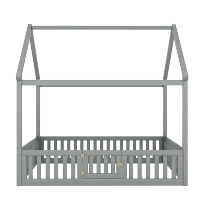 Full Wood Bed with Fence and Door Gray