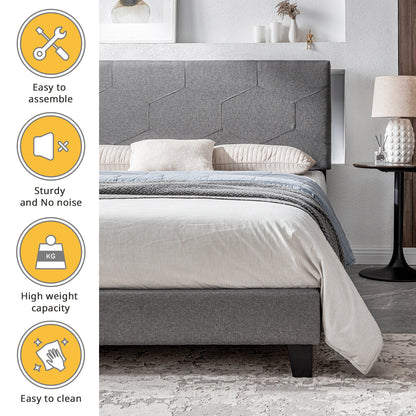 Queen Upholstered Platform Bed – Grey Upholstery