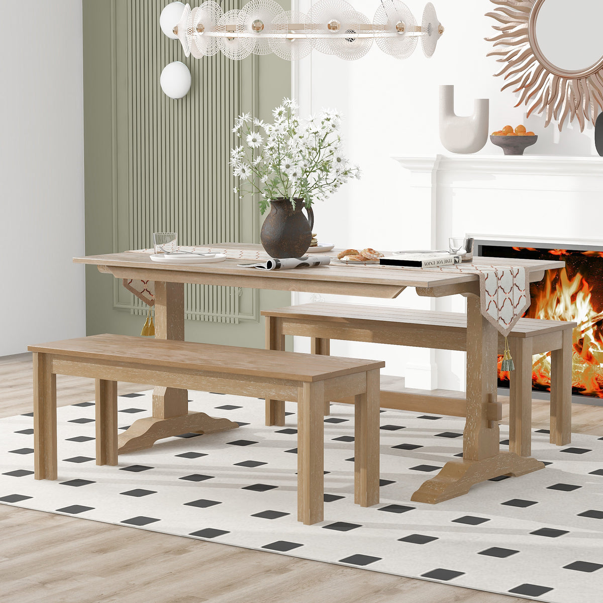 Retro Dining Set (3 pcs) – Natural Wood