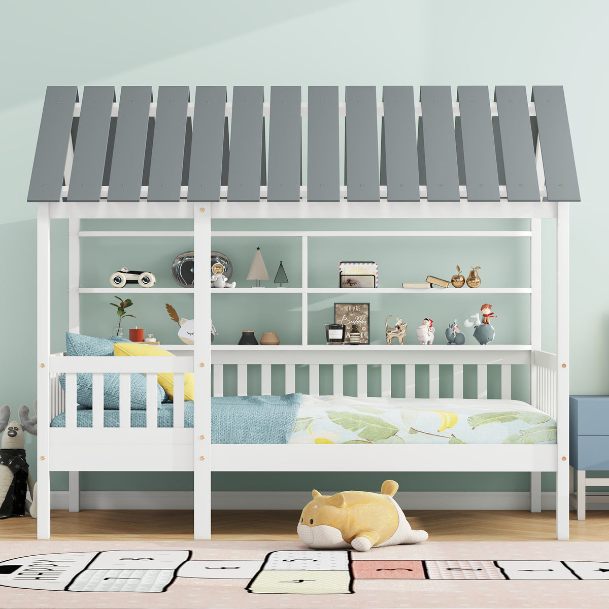 House Bed with Roof and Guardrails White