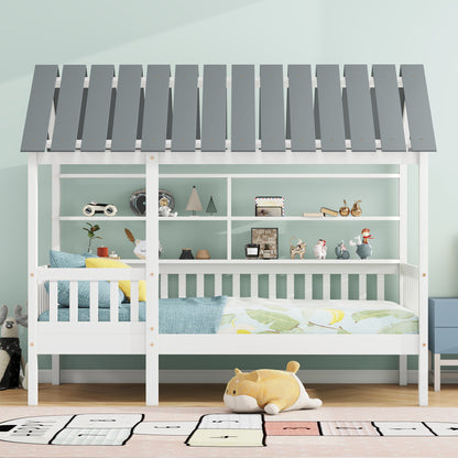 House Bed with Roof and Guardrails White