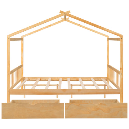 Full Platform Bed with Headboard – Natural Finish