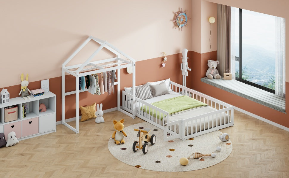 Full Platform Bed with Storage Rack White