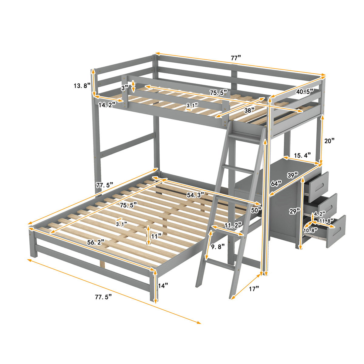 Full Bunk Bed Gray