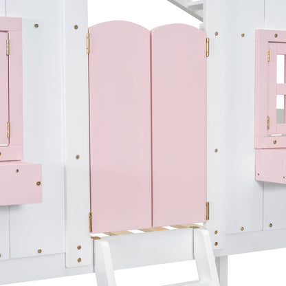 Twin House Bunk Bed with Ladder Pink White