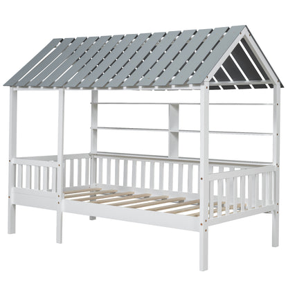 House Bed with Roof and Guardrails White