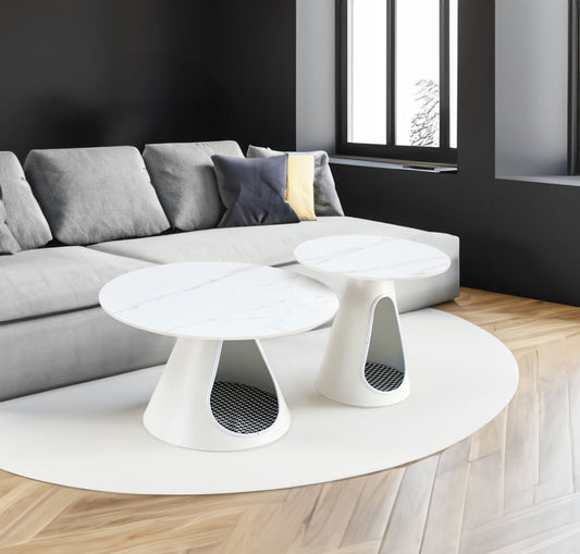 White 2-Piece Round Coffee Table Set – Marble-Look Top with Steel Base & Integrated Cat Bed