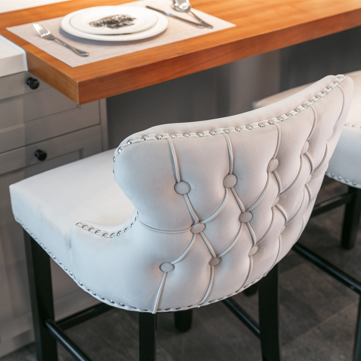 Velvet Wingback Bar Stool Set (2 pcs) – Beige