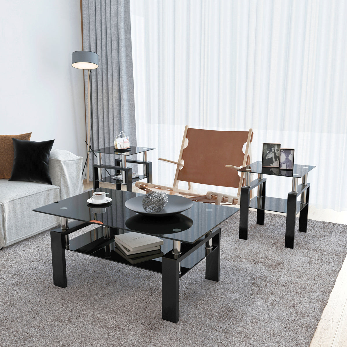 Modern Glass Coffee Tables Set of 2 Black Finish