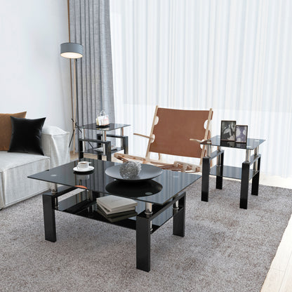 Modern Glass Coffee Tables Set of 2 Black Finish
