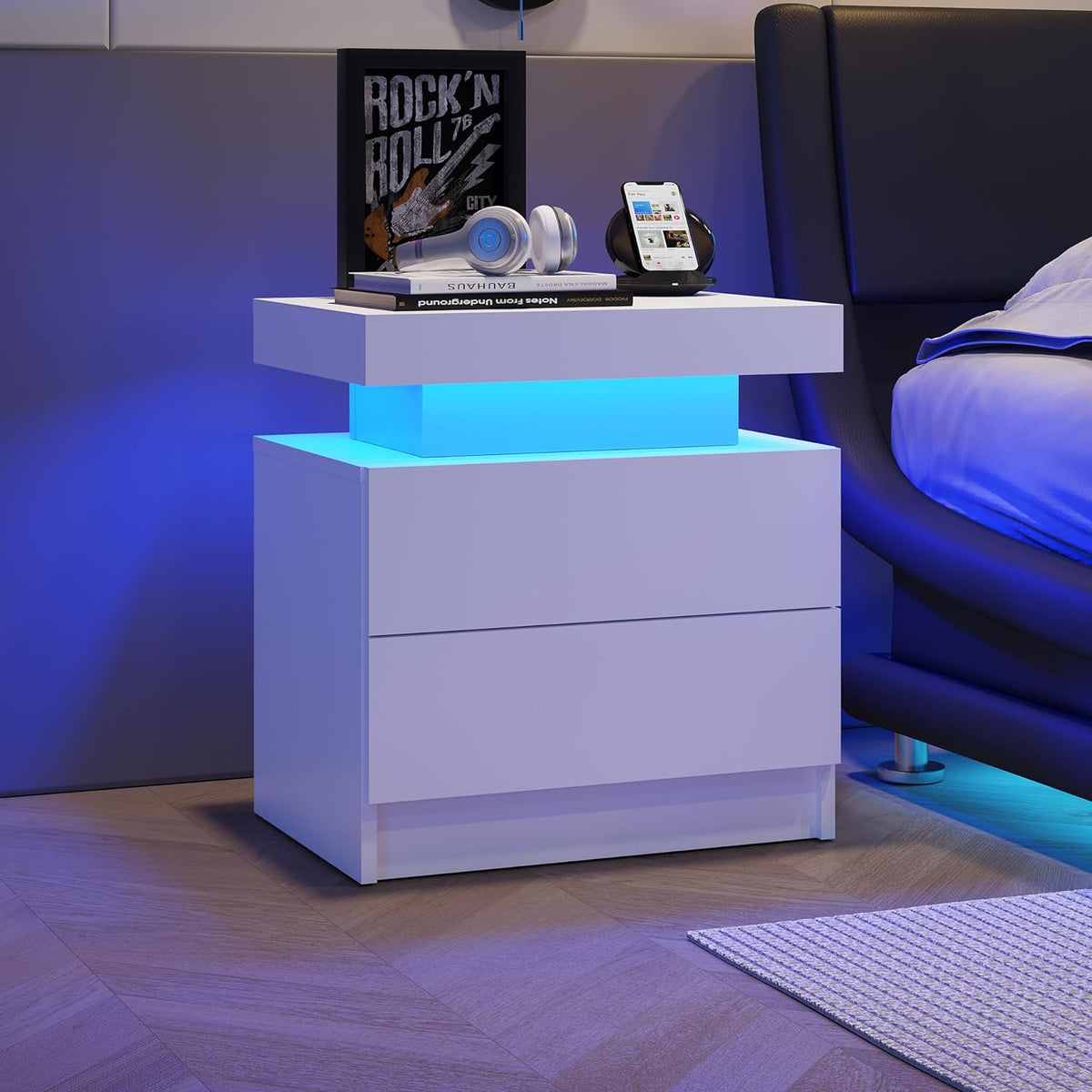 White LED Nightstand with Storage Drawers