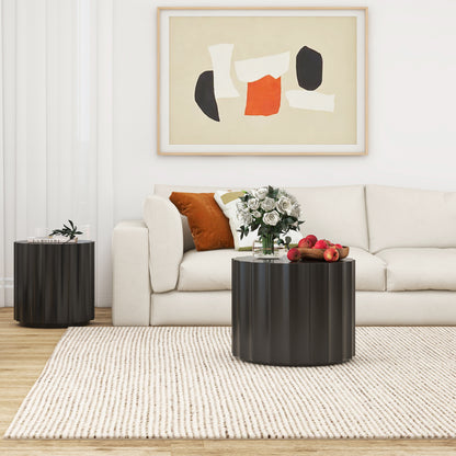 Black 2-Piece Round Nesting Coffee Table Set – Modern MDF with Lacquered Finish