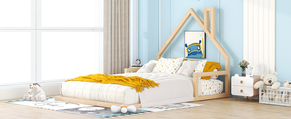 Full Wood Platform Bed with Fence Natural