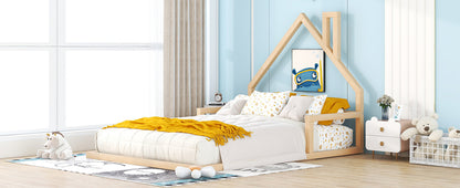 Full Wood Platform Bed with Fence Natural