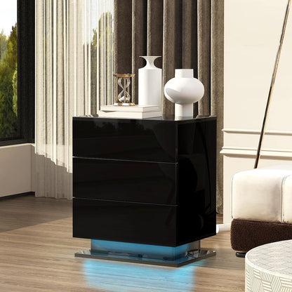 Black 3-Drawer Nightstand with RGB LED Lights – Modern Particle Board End Table with App Control