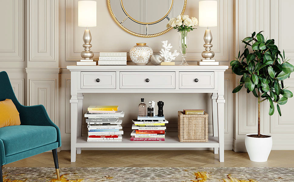 White Wood Console Table with Drawers