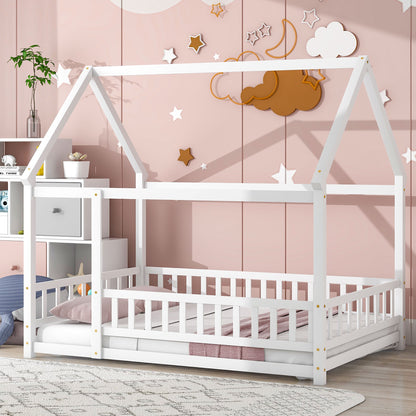 Full Wooden Bed with House Roof Frame White