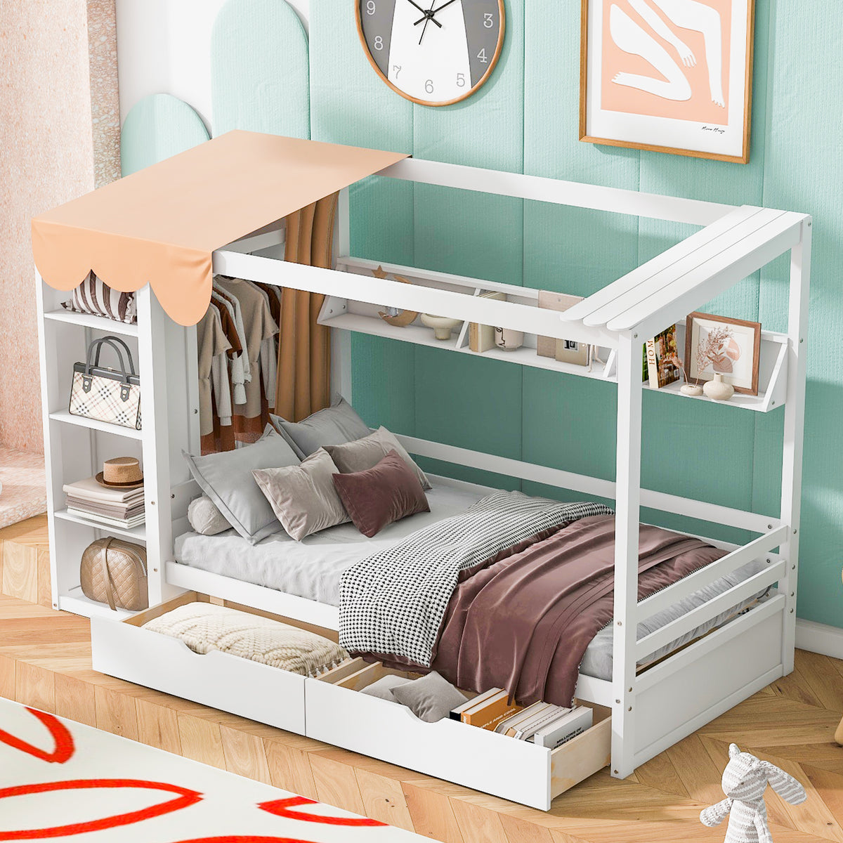 Twin House Bed with Wardrobe White