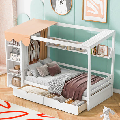 Twin House Bed with Wardrobe White