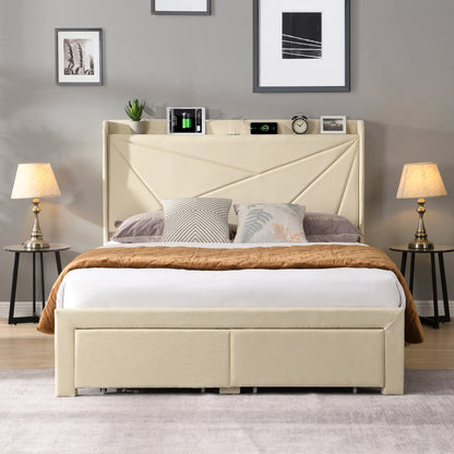 Full Size Upholstered Bed with Drawers – Beige