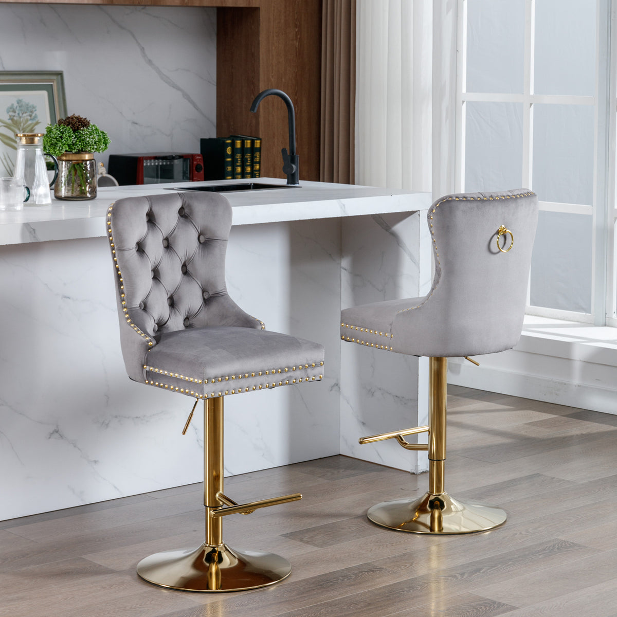Adjustable Velvet Bar Stool Set of 2 Gray