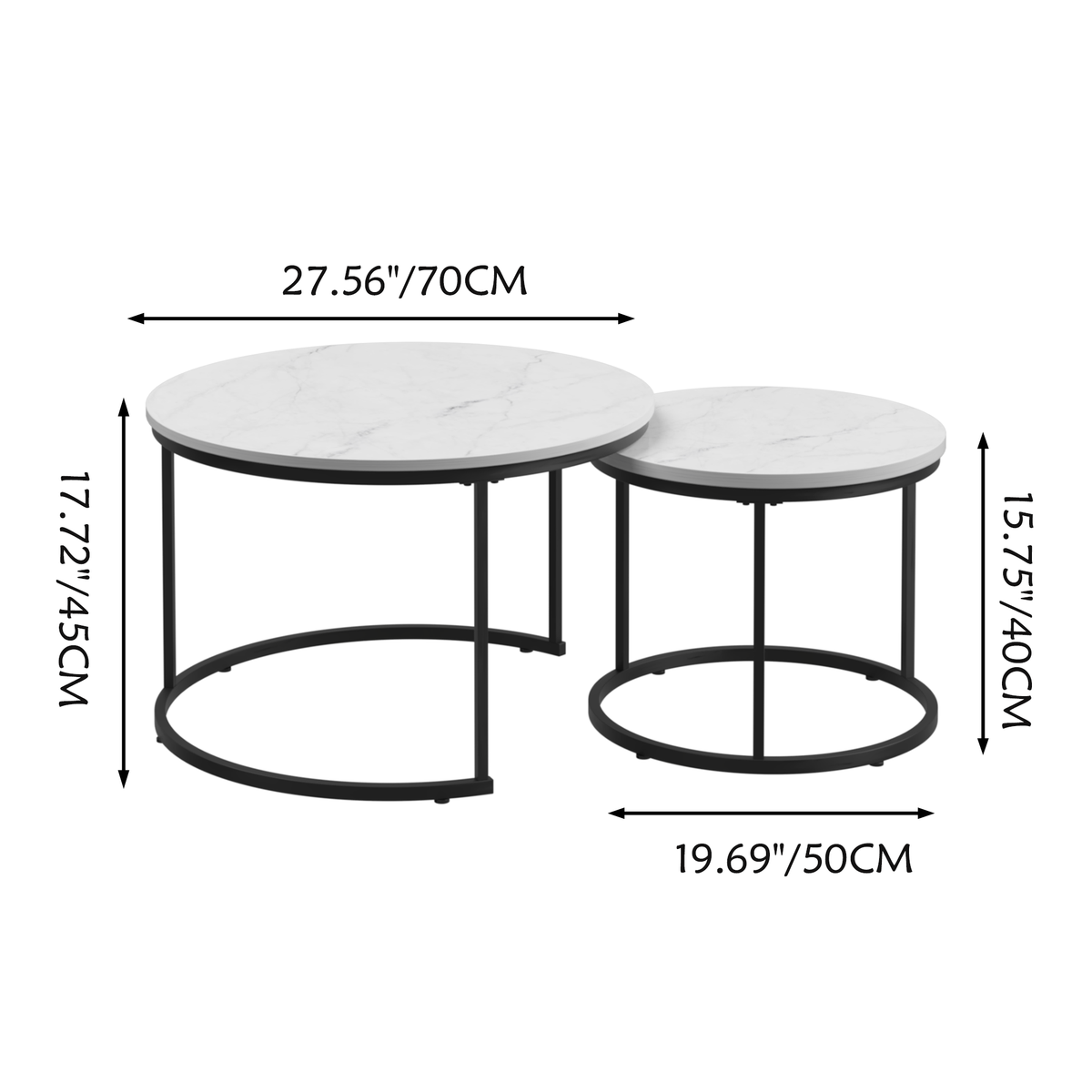 White 2-Piece Round Nesting Coffee Table Set – Marble-Look Wood Top with Metal Frame