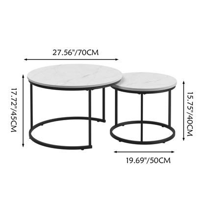 White 2-Piece Round Nesting Coffee Table Set – Marble-Look Wood Top with Metal Frame