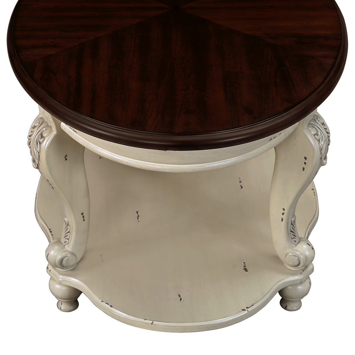 Antique White Round End Table – 22" Solid Rubberwood with Cabriole Legs & Shelf
