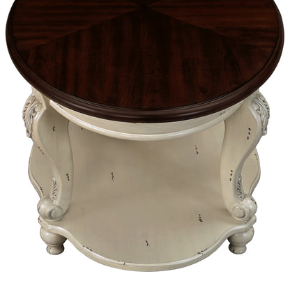 Antique White Round End Table – 22" Solid Rubberwood with Cabriole Legs & Shelf
