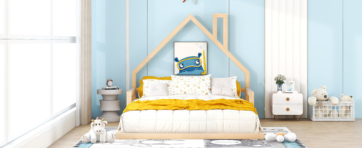 Full Wood Platform Bed with Fence Natural