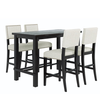 Espresso 5-Piece Counter Height Dining Set – Solid Wood Table with Upholstered Chairs