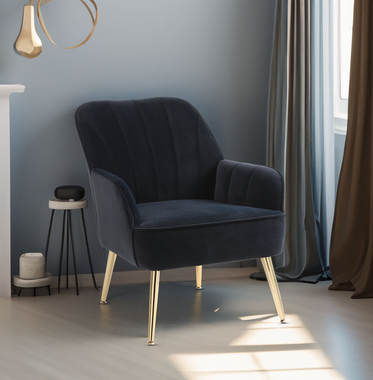 Mid-Century Velvet Armchair Navy Upholstery