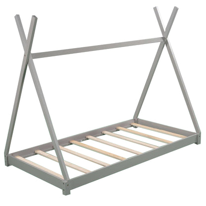 Twin Size Gray House Platform Bed with Triangle Roof