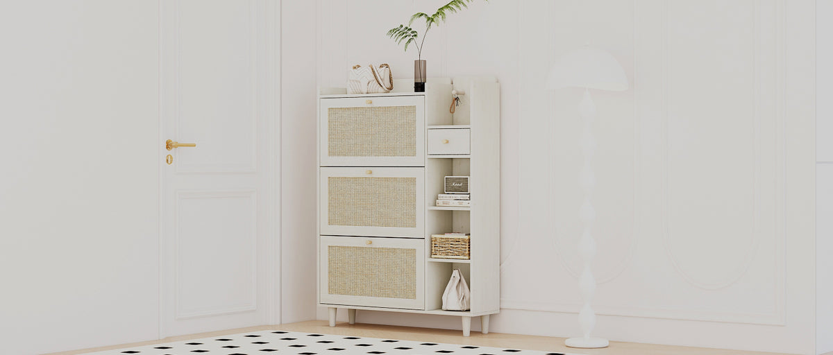 Bohemian Shoe Cabinet with Rattan Shelves White