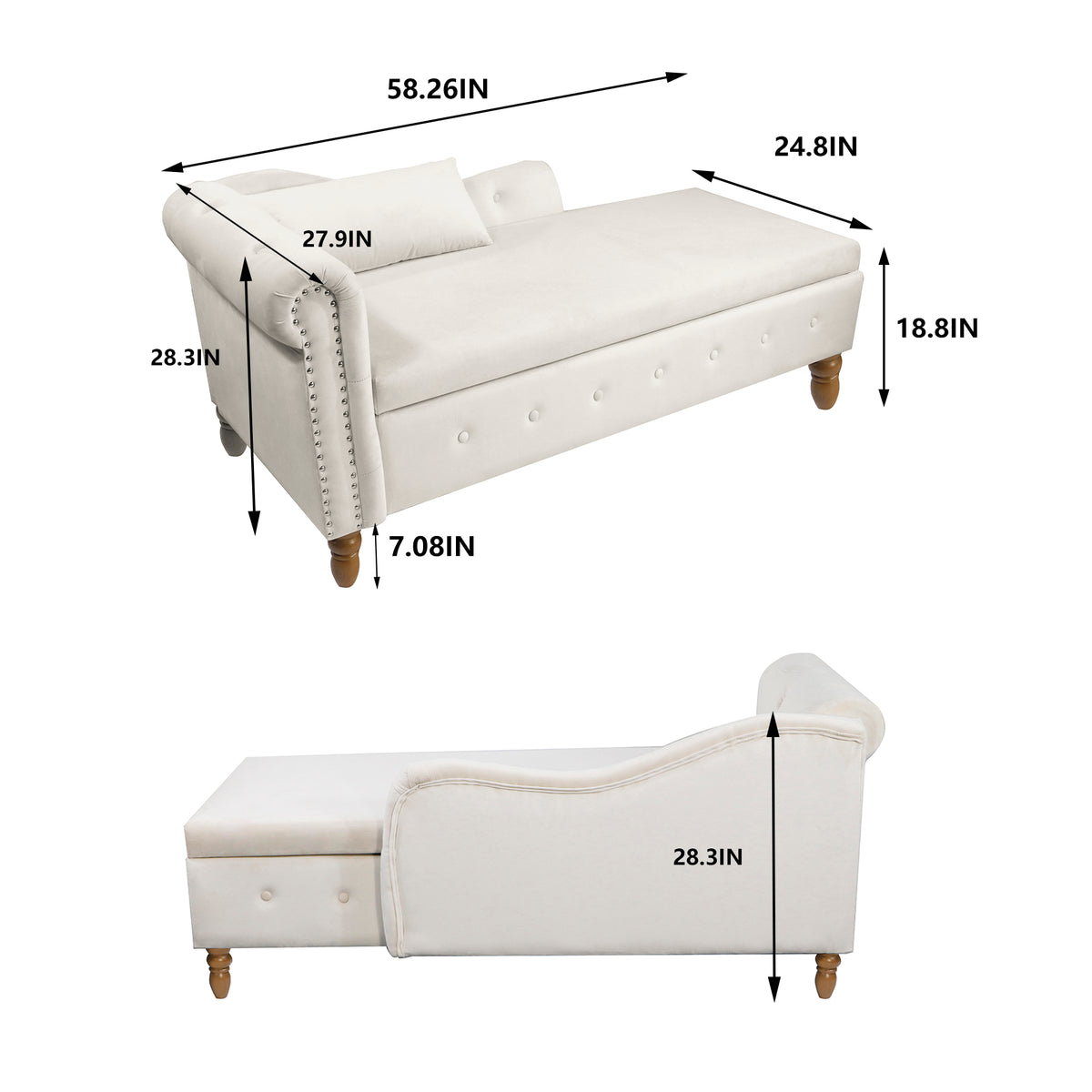 Beige Chaise Lounge with Storage and Pillow