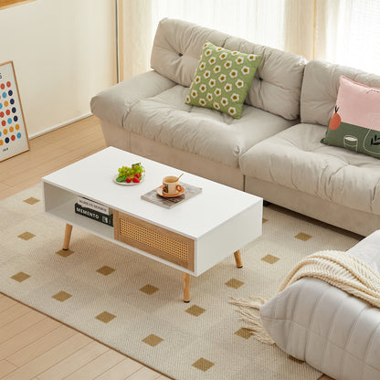 Rattan Coffee Table with Sliding Door White