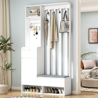Hall Tree Shoe Cabinet – White Finish