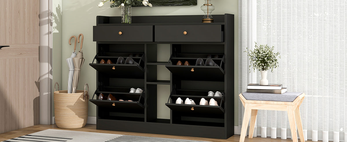 Modern Black Double-Layer Shoe Cabinet with Drawers