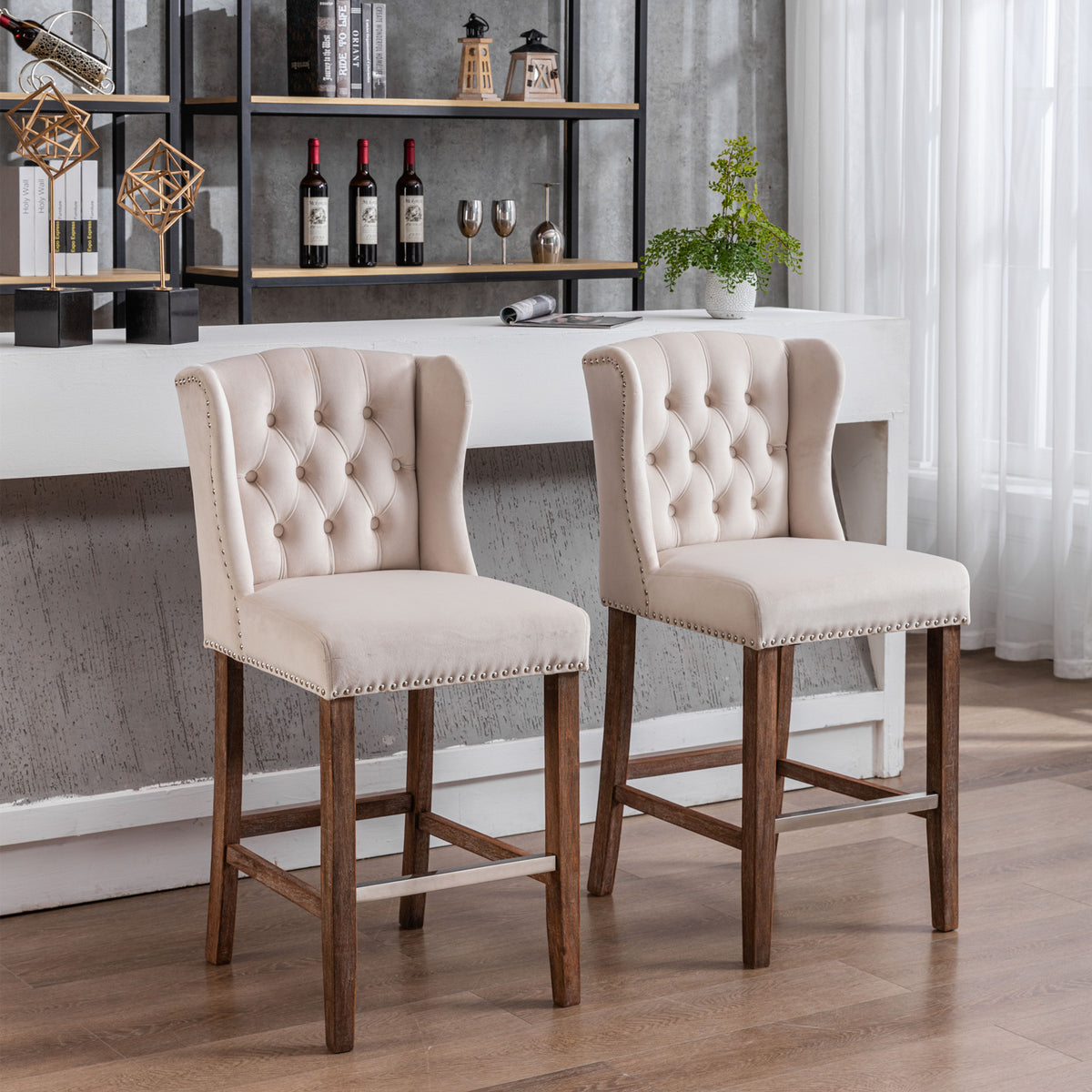 Upholstered Counter Bar Stools Set of 2 Beige