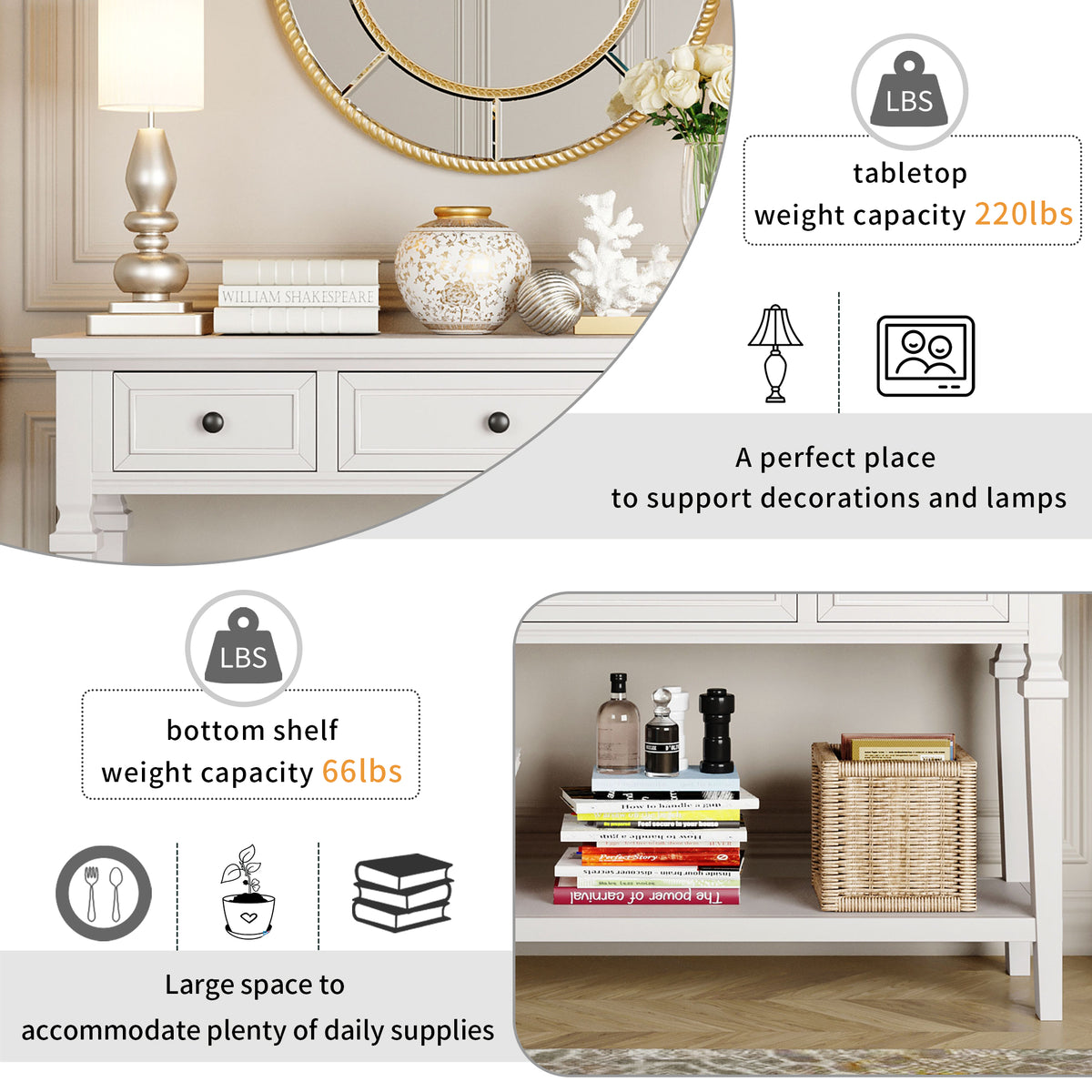 White Wood Console Table with Drawers
