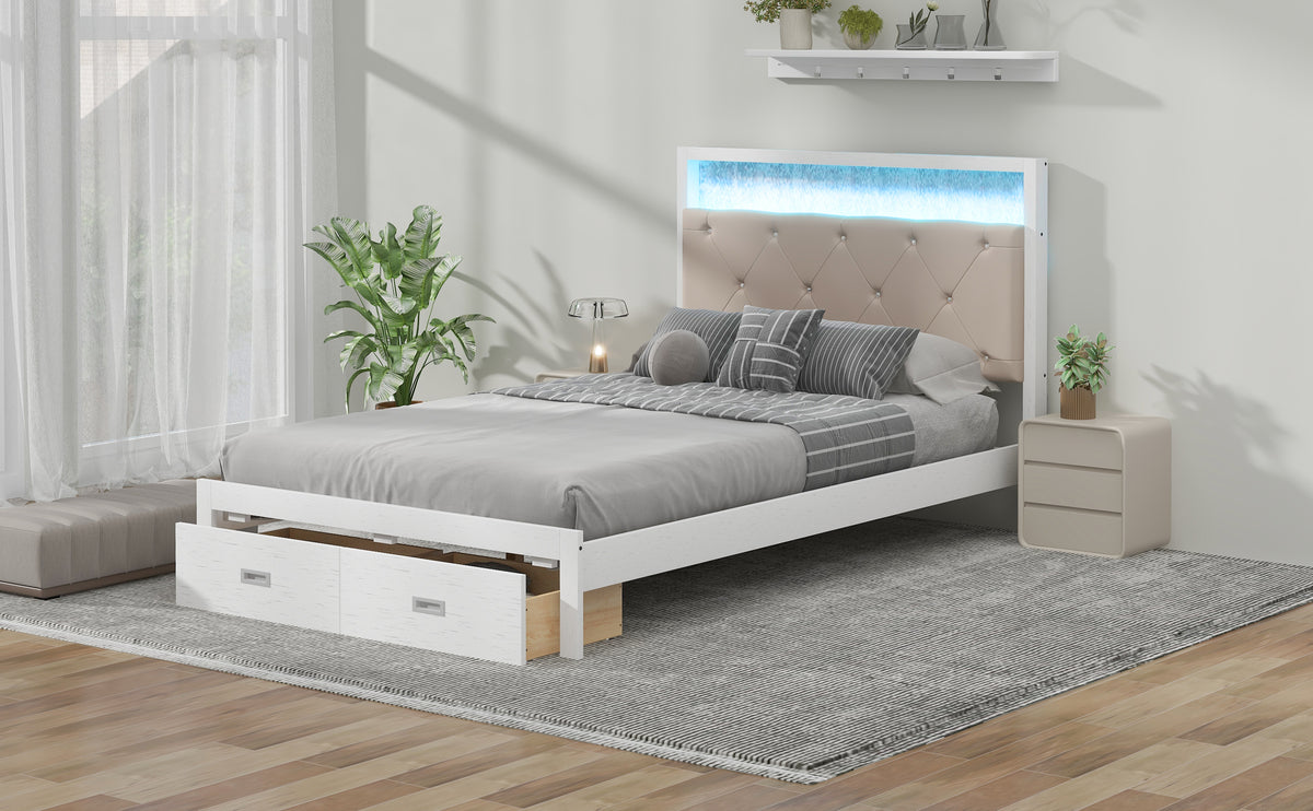 Full Platform Bed with LED Headboard White