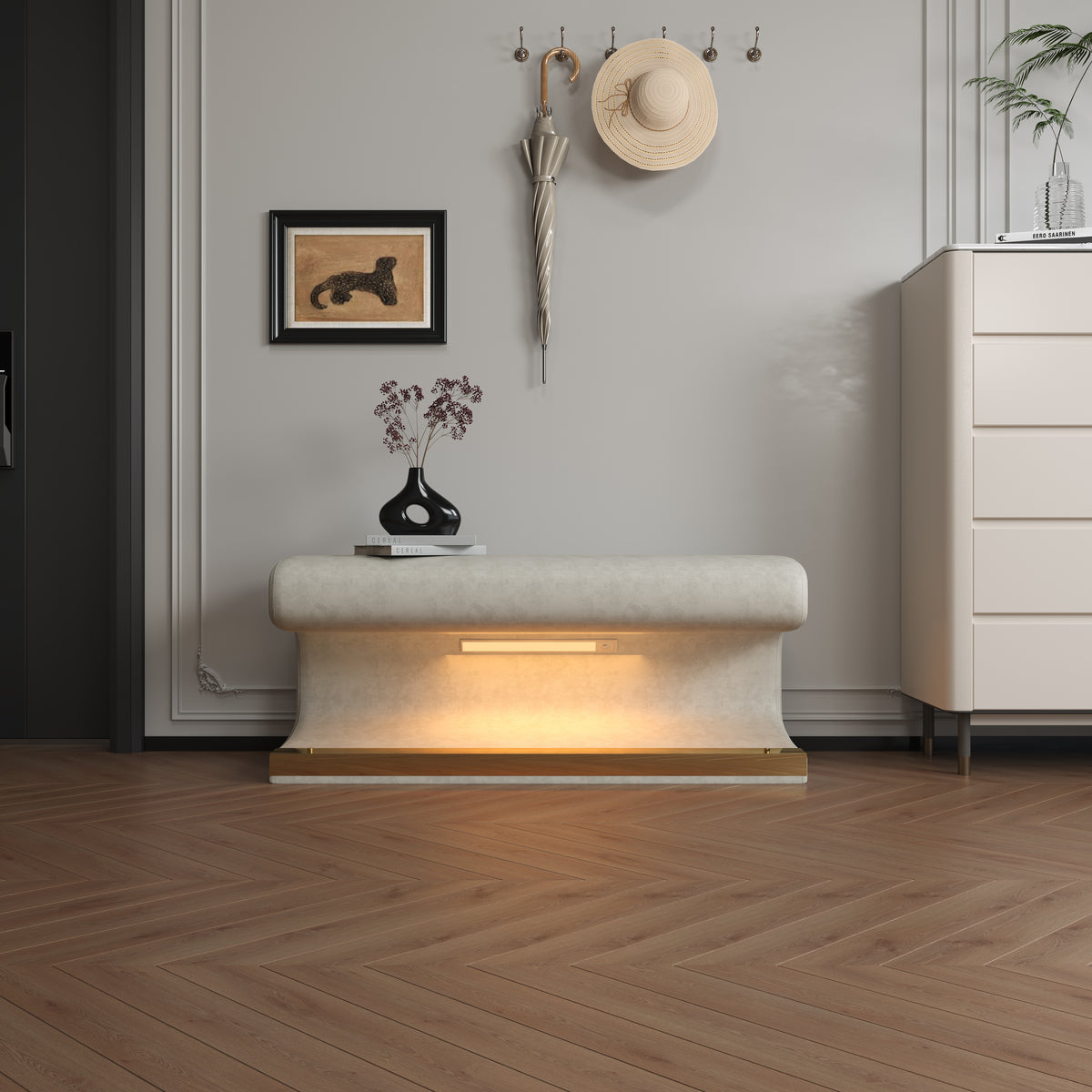 Leather Upholstered LED Entryway Bench – Beige