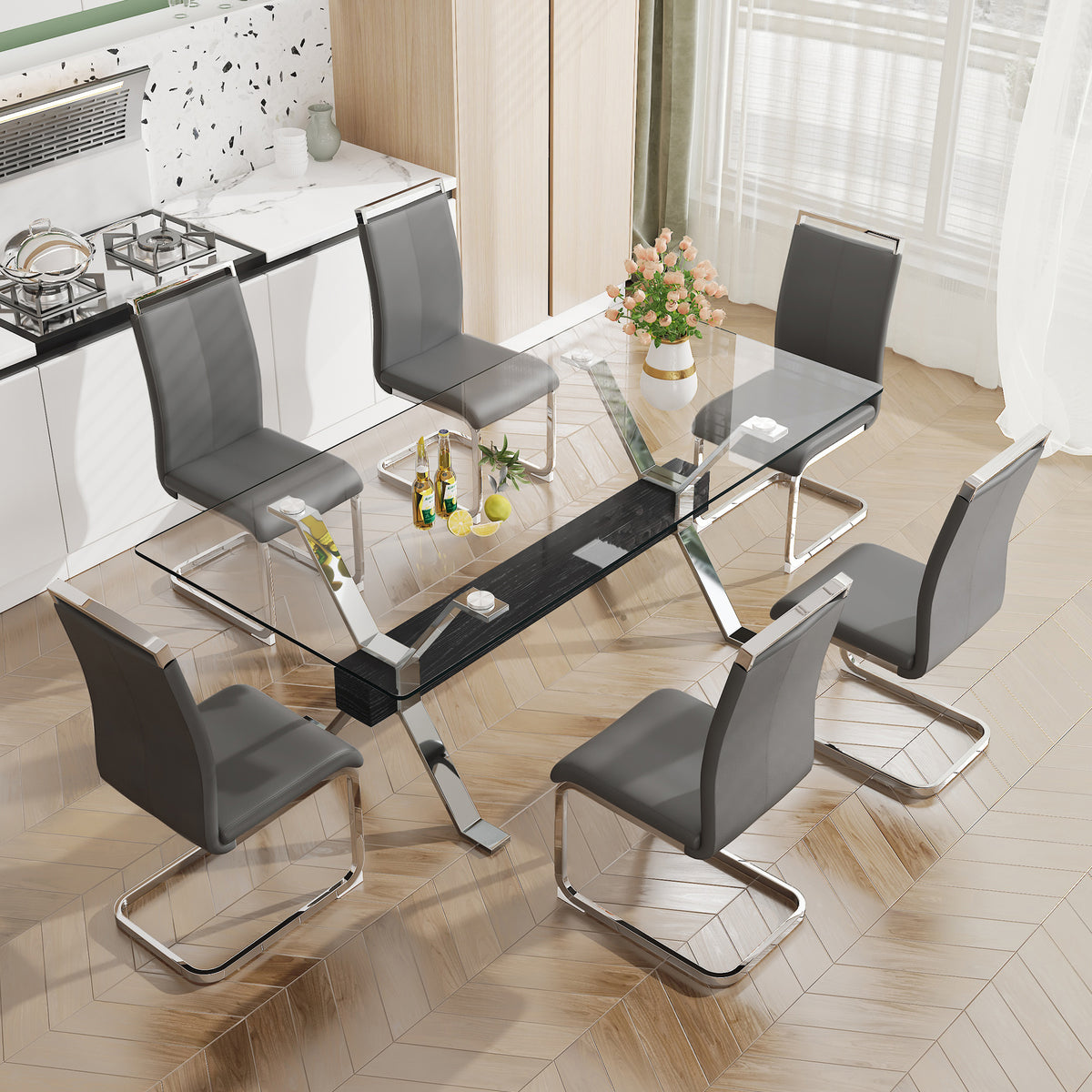 Glass Dining Table – Silver Metal Legs