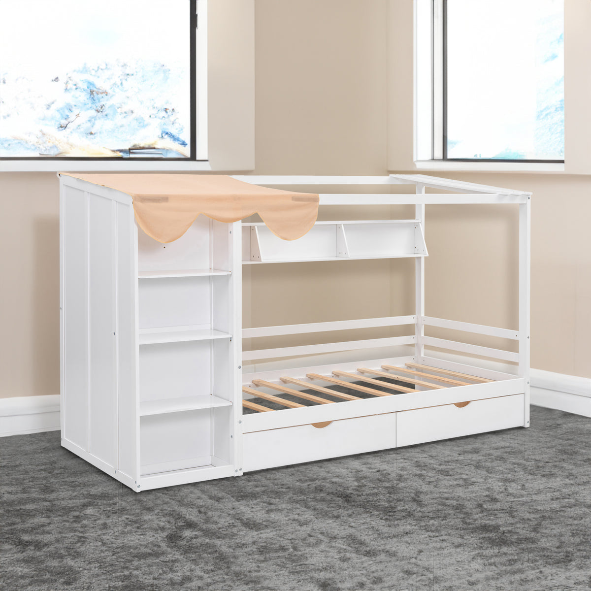 Twin House Bed with Wardrobe White
