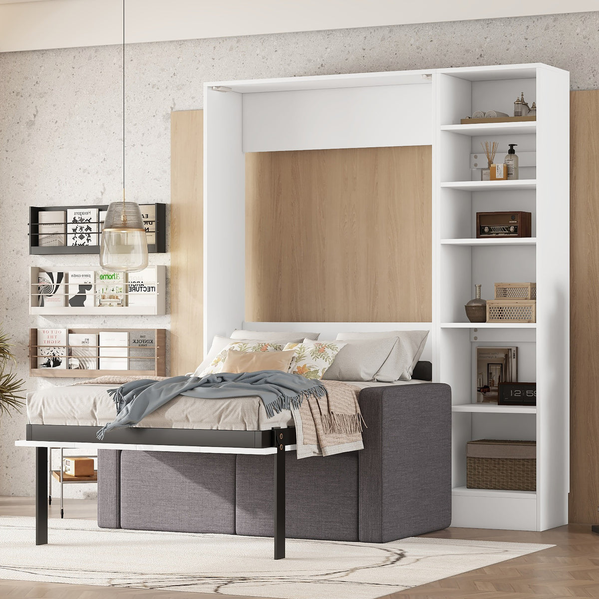 Murphy Bed with Sofa and Shelves White