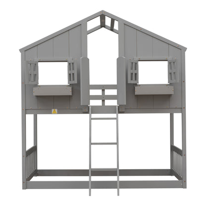 Twin House Bunk Bed with Ladder Grey