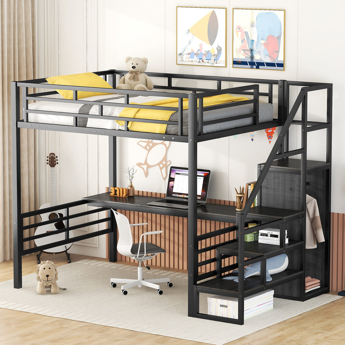Full Metal Loft Bed with Desk Black