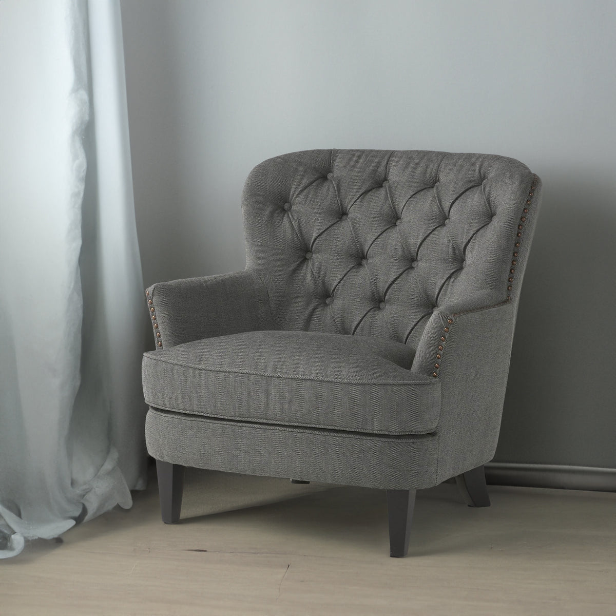 Modern Grey Fabric Club Chair with Ottoman – Upholstered Lounge Set